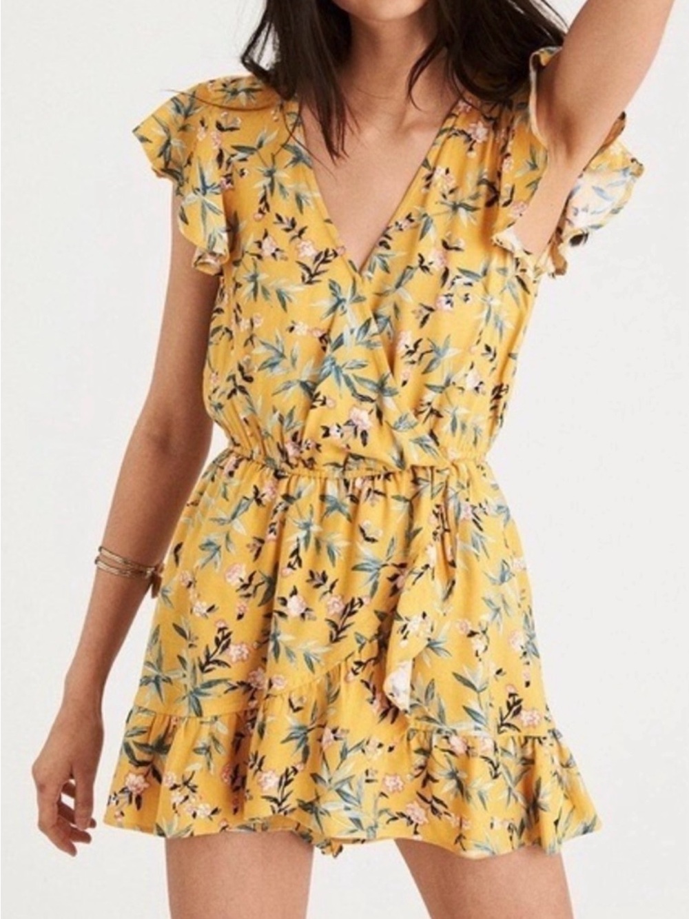 American Eagle Yellow Floral Ruffle Sleeve Wrap Style Dress  Romper S